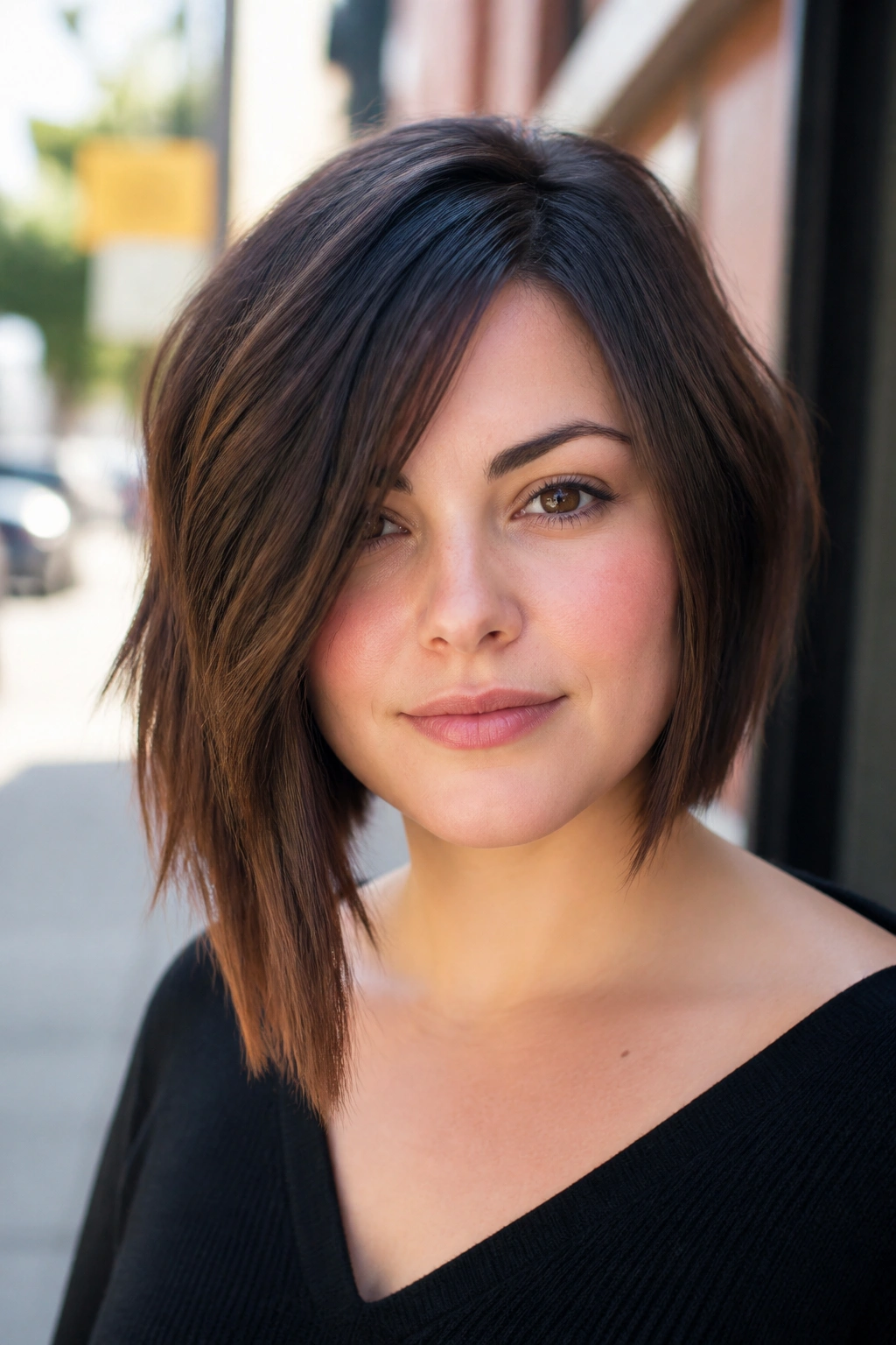 Real woman with asymmetrical long choppy bob on a round face.