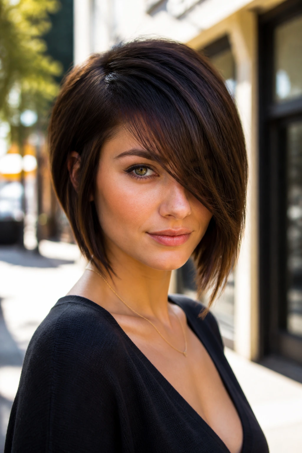 Close-up of real person with asymmetrical bob and long fringe in daylight.