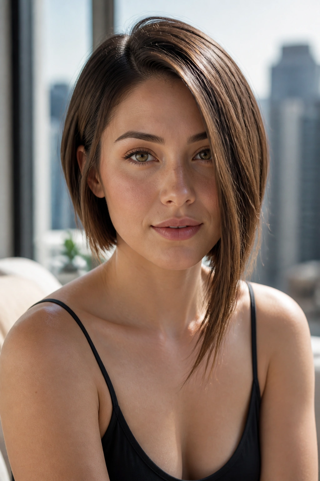 Portrait of a real woman with a long-front-piece asymmetrical bob showing a dramatic yet wearable diagonal line