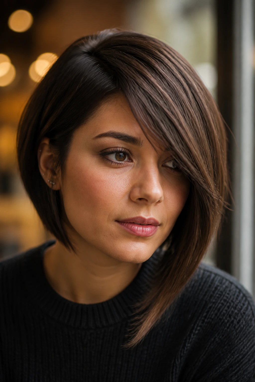 Close-up of real woman with asymmetrical chocolate bob and long front piece.