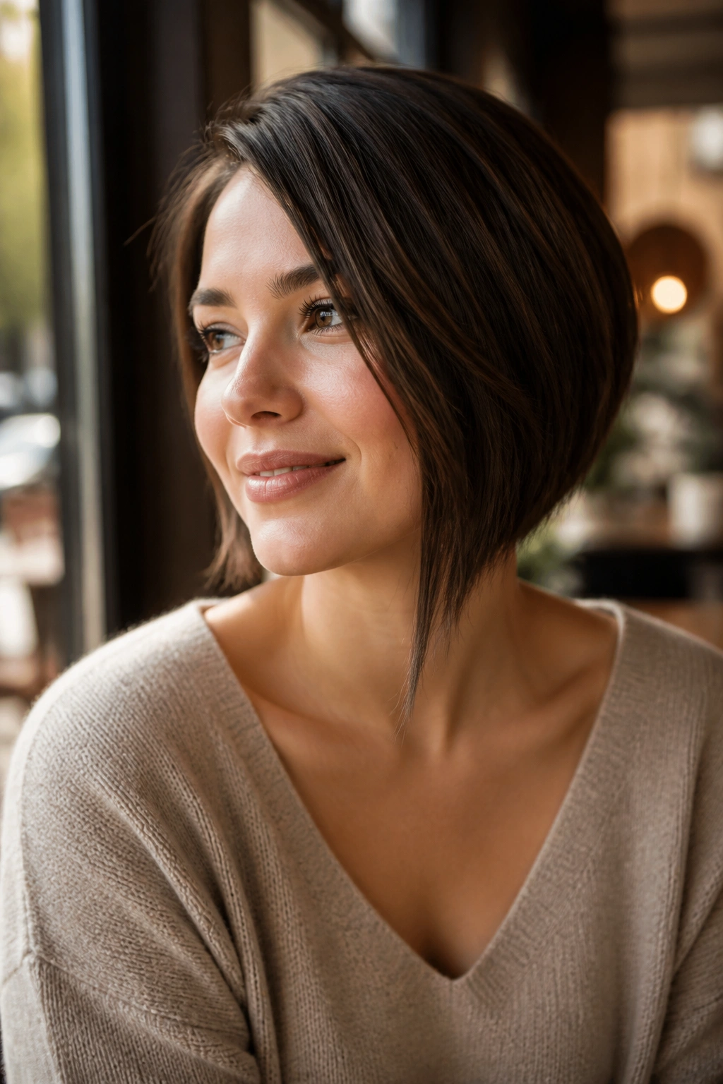 Portrait of a real woman with an asymmetrical bob and a longer front piece.