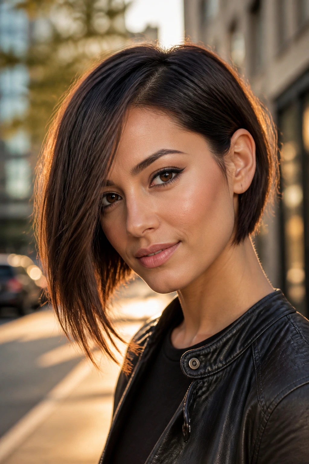 Medium close-up of a real woman with an asymmetrical bob and a long front piece