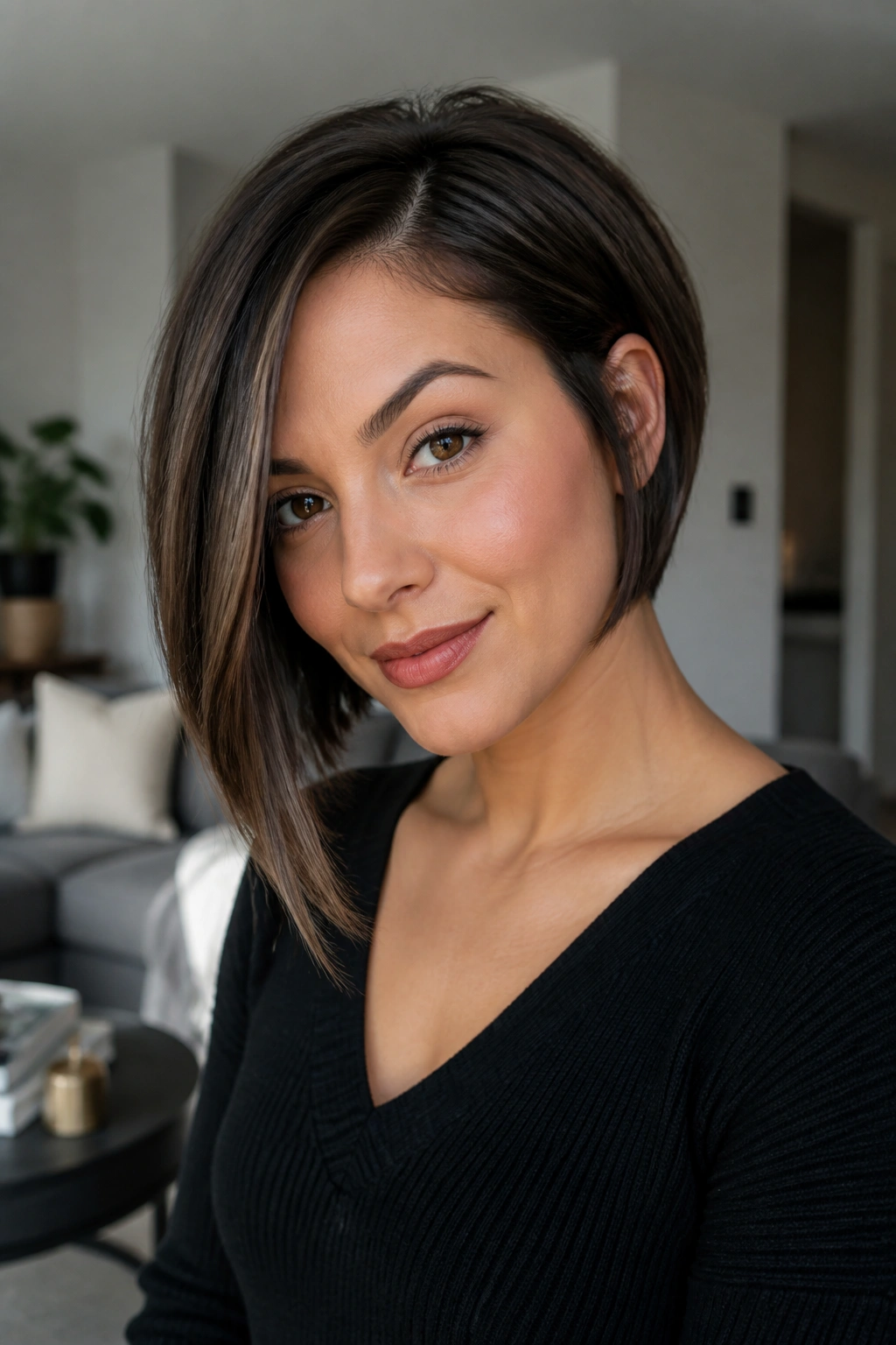 Portrait of a real woman wearing an asymmetrical bob with long front pieces.
