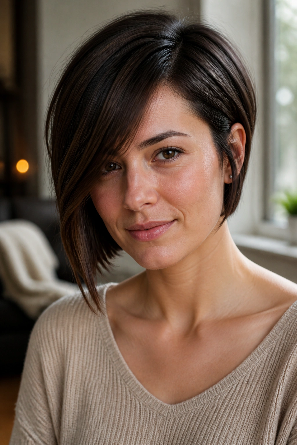 Close-up of a real woman with an asymmetrical bob long sweep fringe