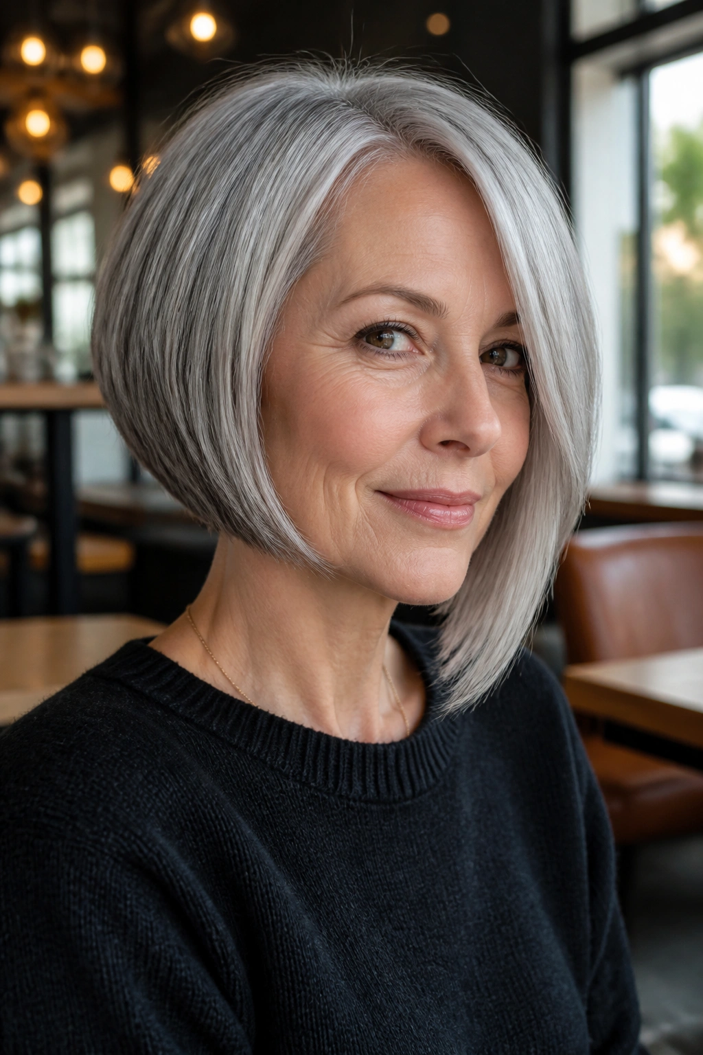Real woman with an asymmetrical gray bob; longer front on one side visible.