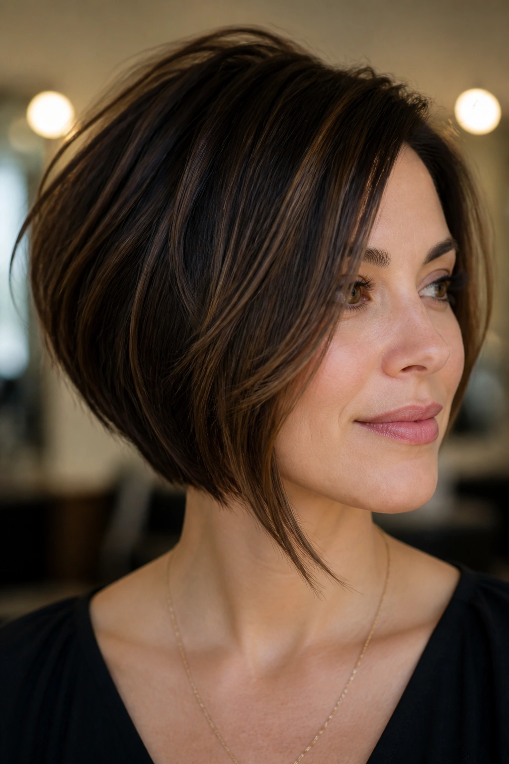 Close-up of a real woman with an asymmetrical bob and longer front pieces