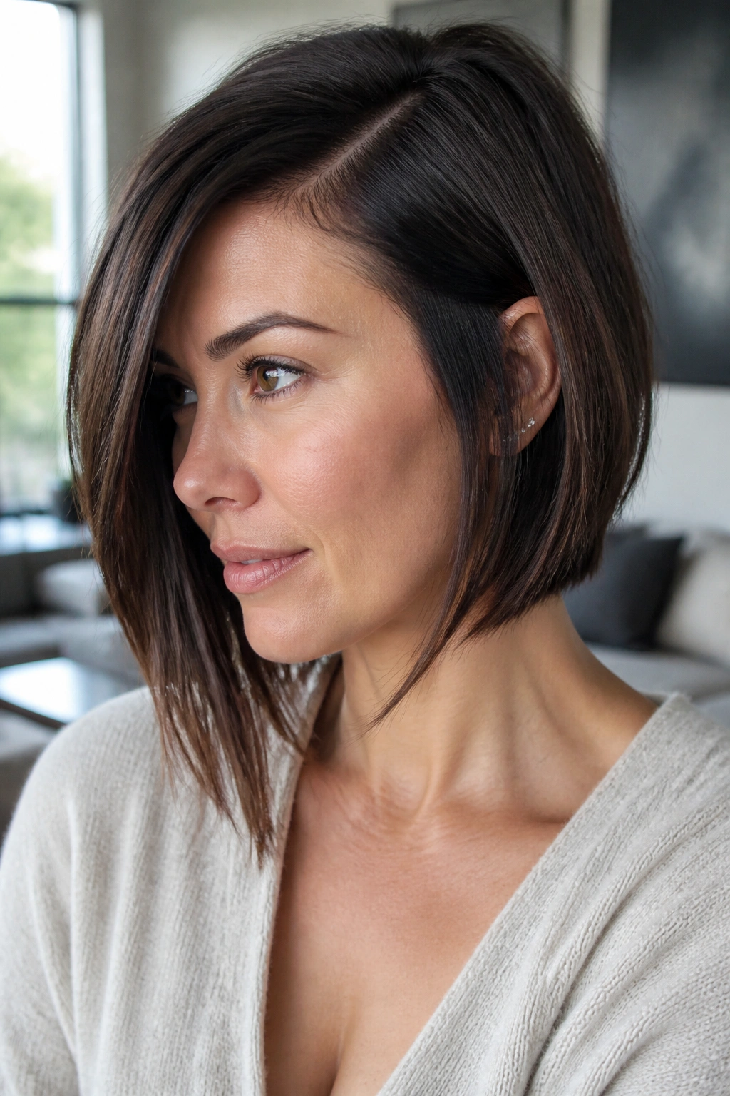 Portrait of a real woman with an asymmetrical bob and longer front in natural light