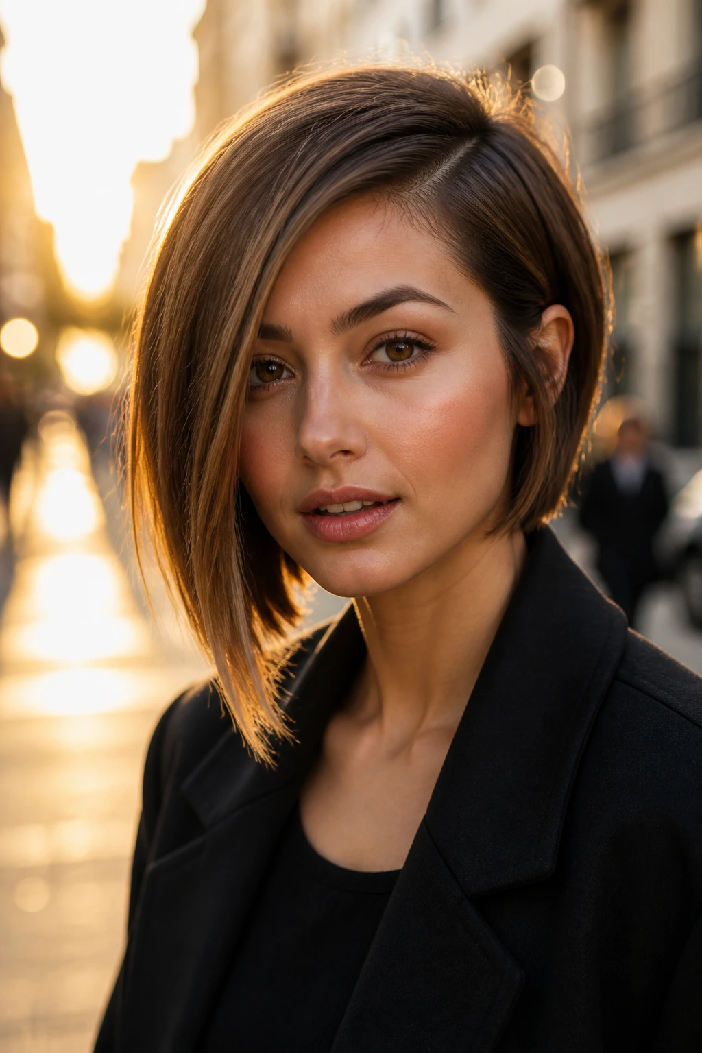 Close-up of a real woman with an asymmetrical bob and longer front