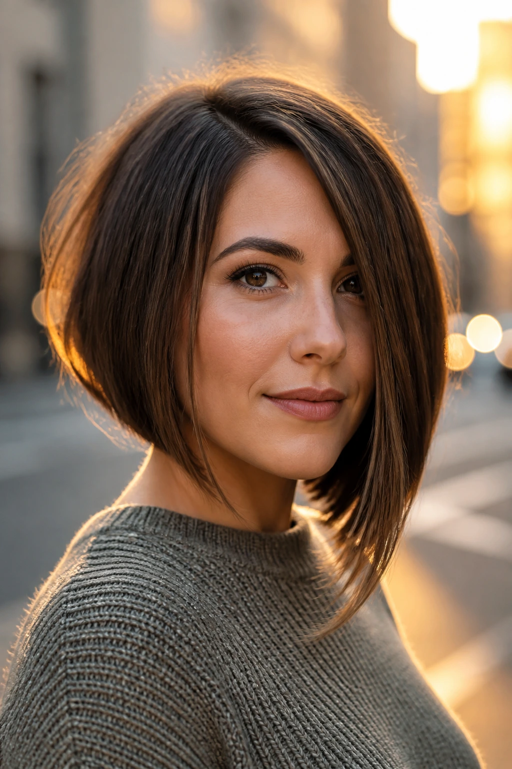 Close-up of a real woman with an asymmetrical bob and longer front