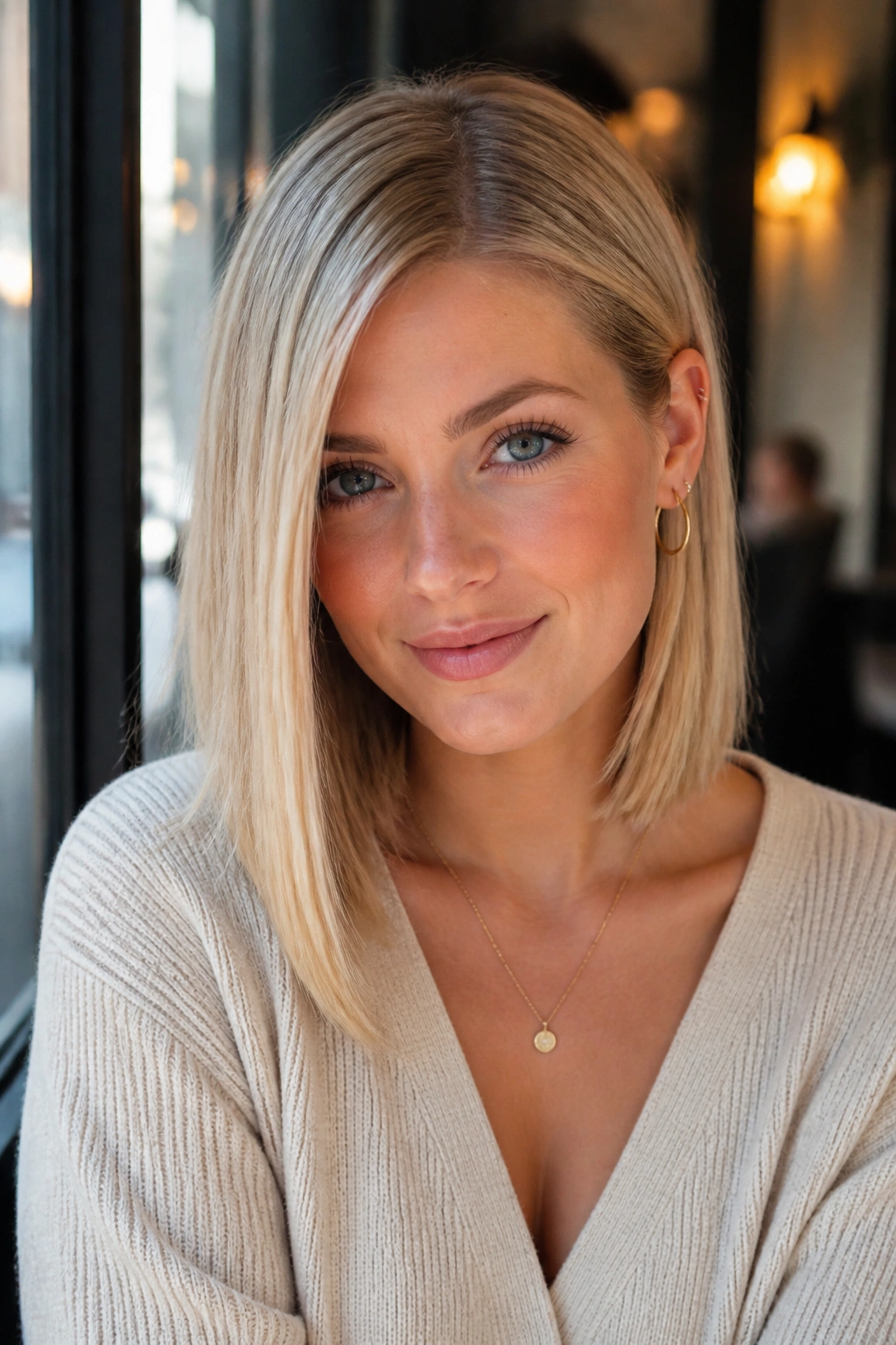 Close-up portrait of a real woman with an asymmetrical bob and longer front piece.