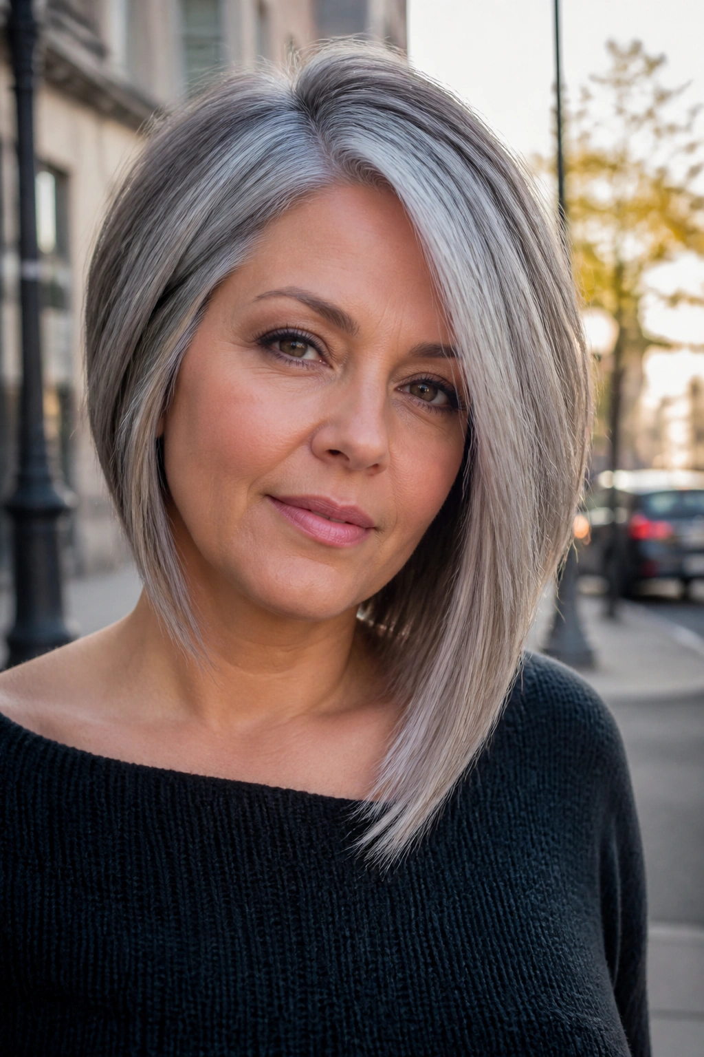 Close-up of a real woman with an asymmetrical bob and a longer side.