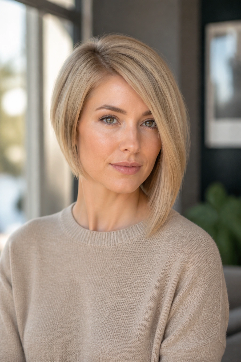 Head-and-shoulders portrait of a real woman with an asymmetrical blonde bob