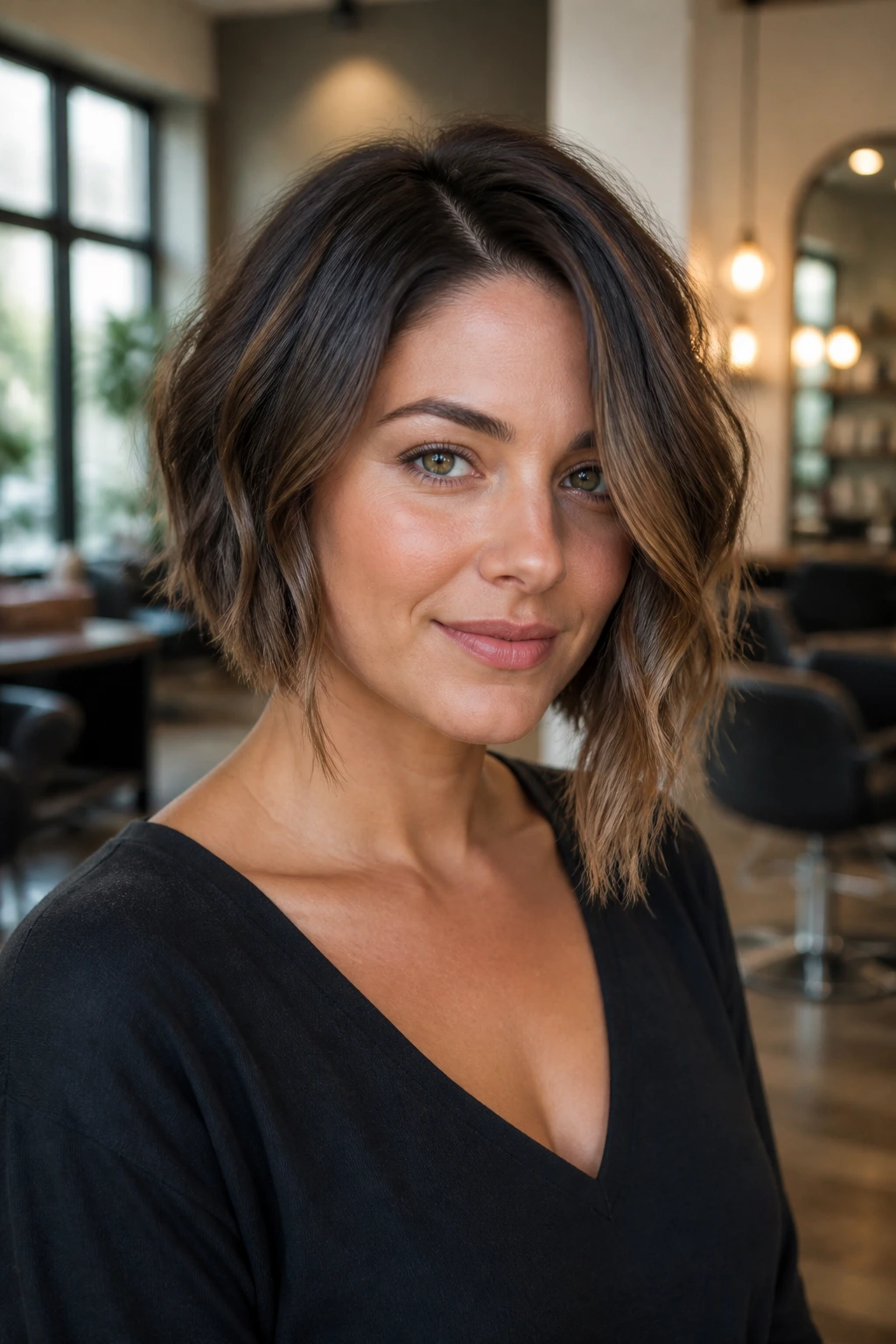 Close-up portrait of a real woman with an asymmetrical bob featuring a longer side