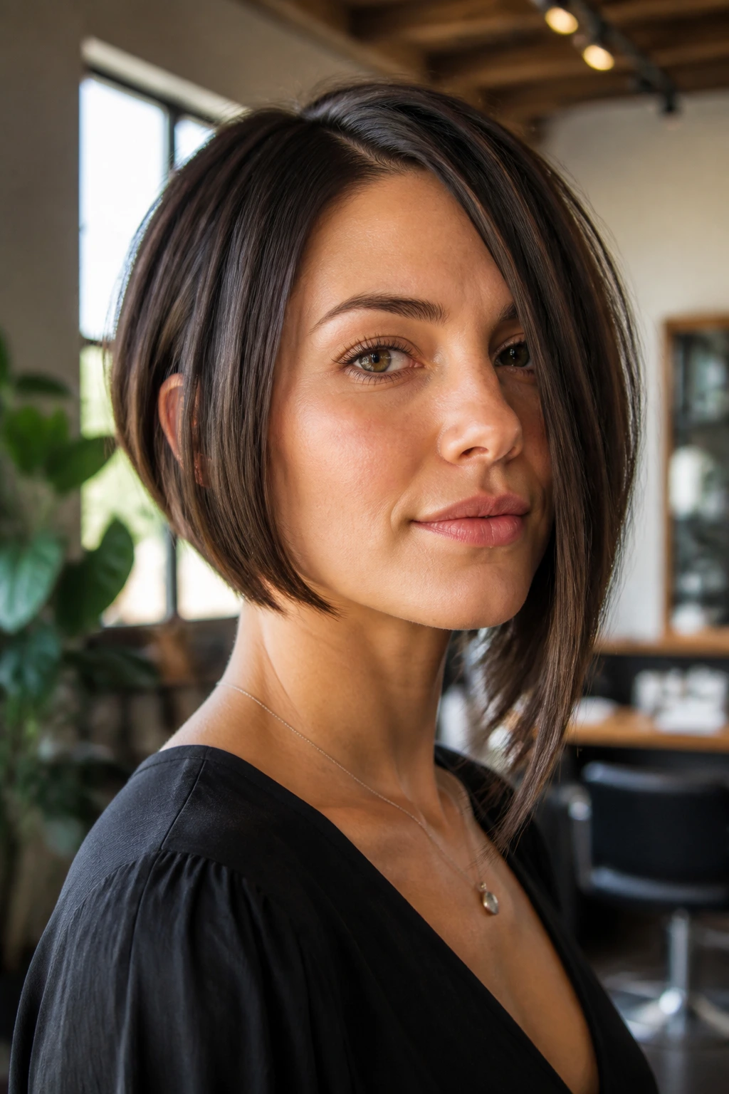 Close-up portrait of a real woman with an asymmetrical bob and a longer side below the jaw