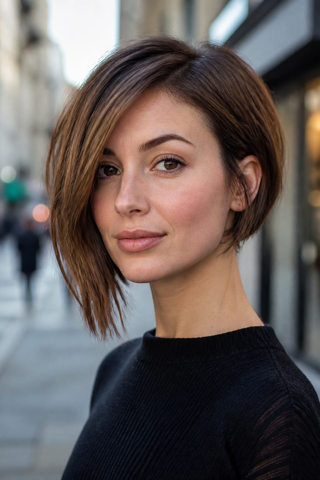 Close-up portrait of a real woman with an asymmetrical bob and one longer side