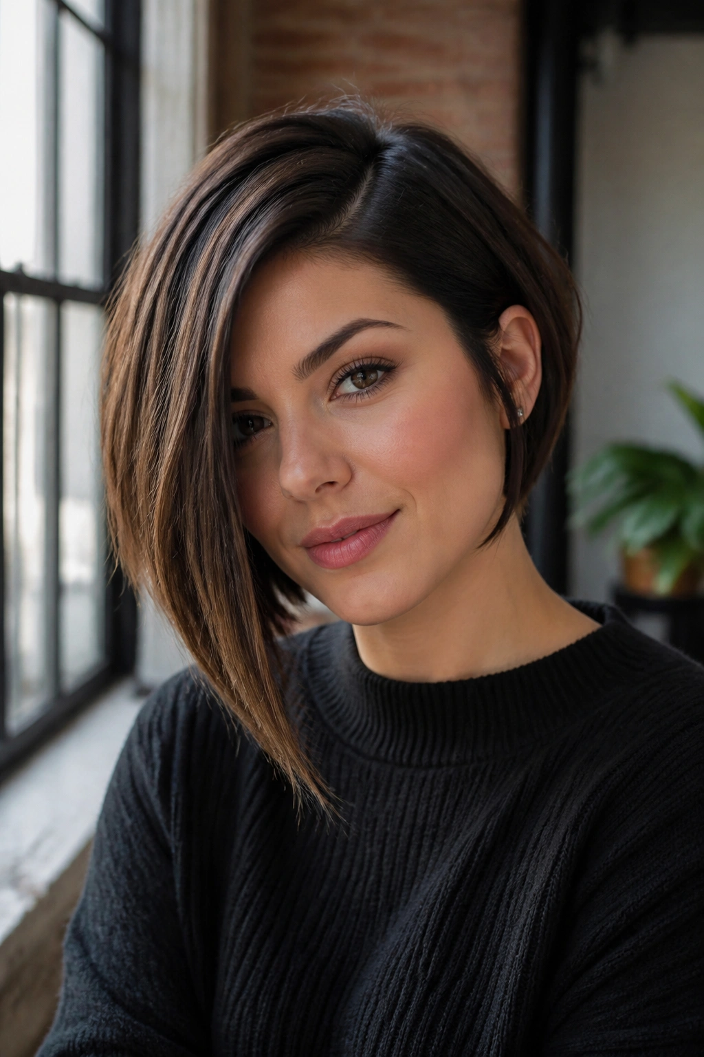 Close-up of a real woman with an asymmetrical bob and long front piece