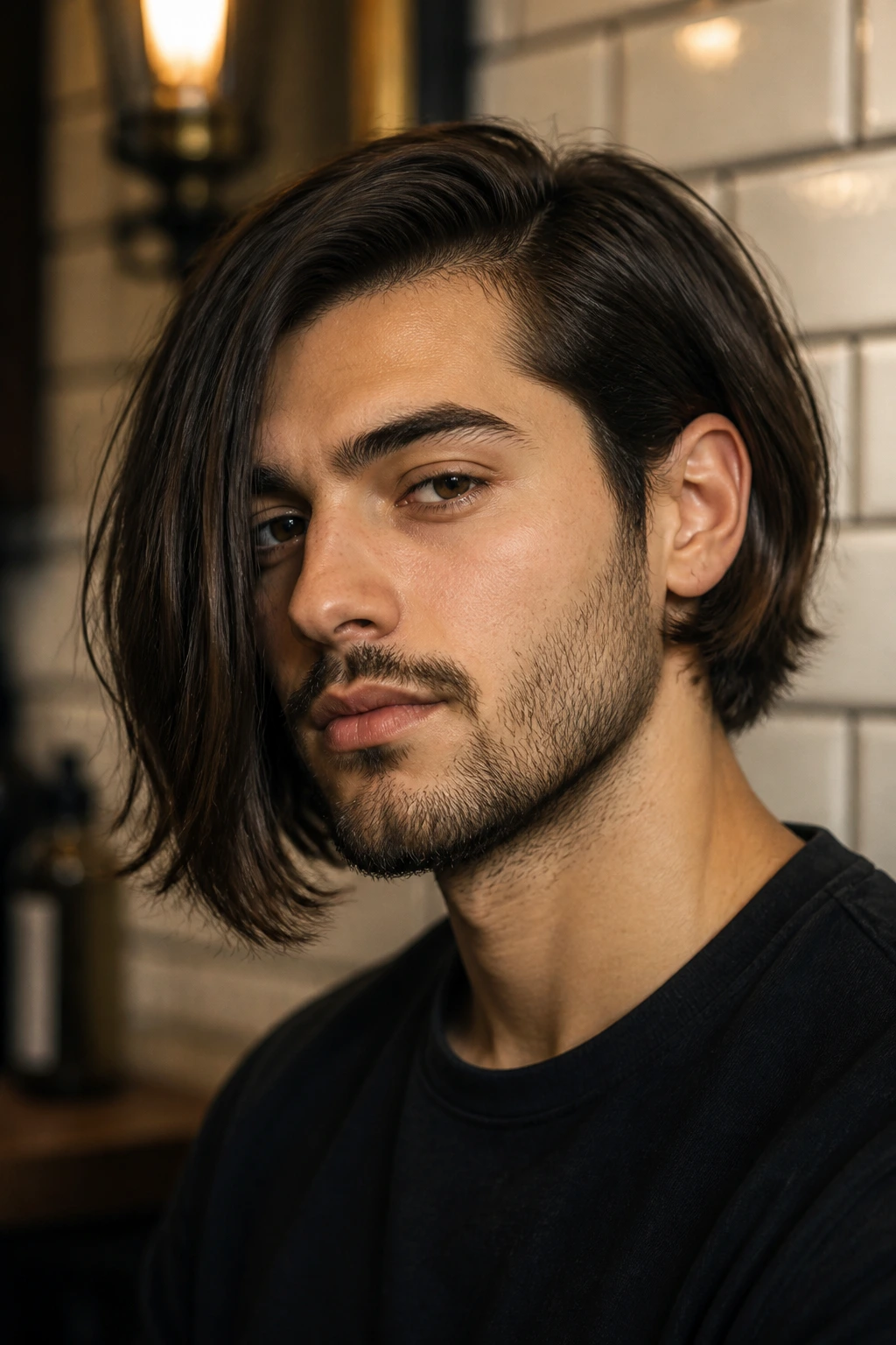 Man with asymmetrical bob, one side longer, in barber shop.