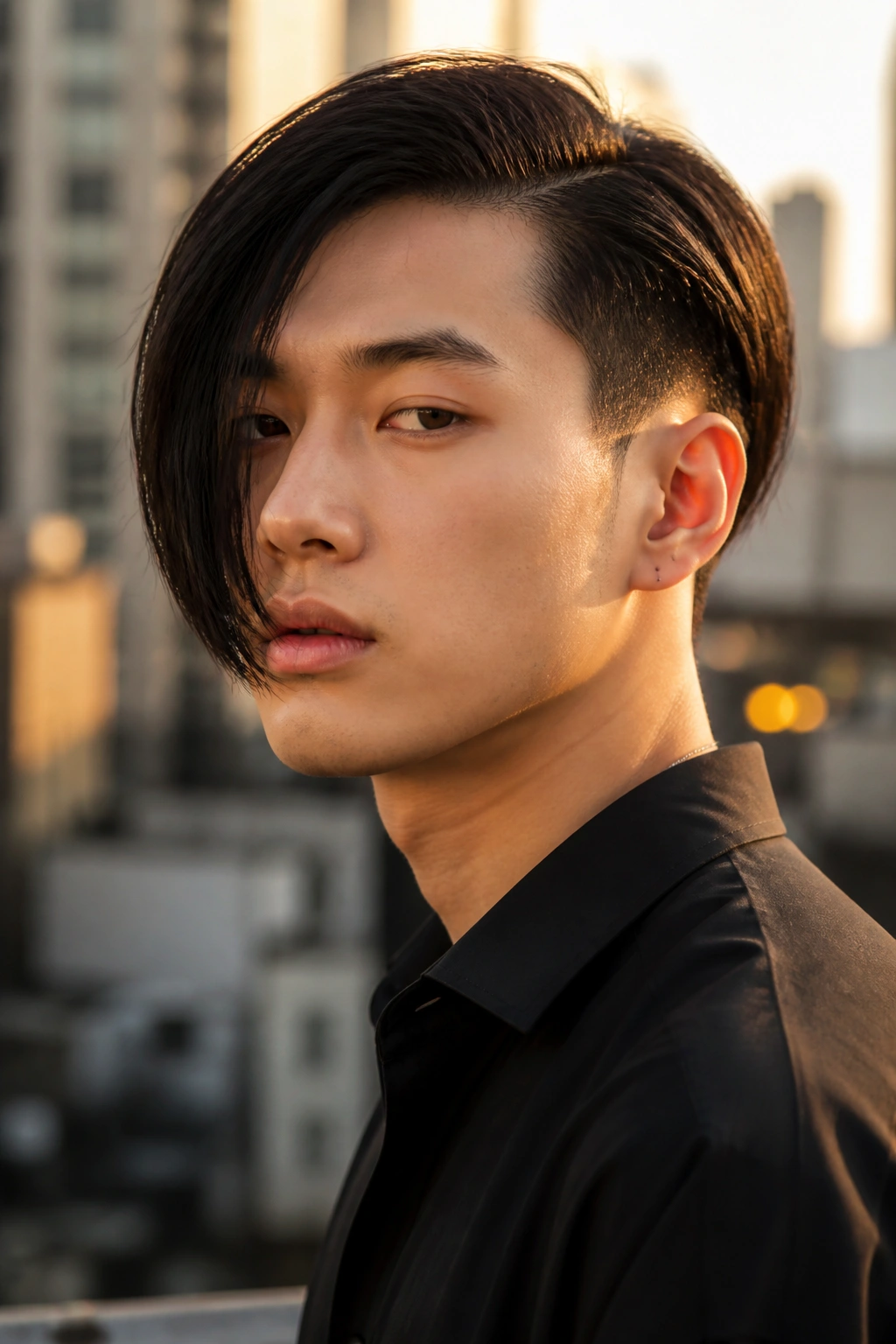 Close-up of a man with an asymmetrical bob in golden hour city light