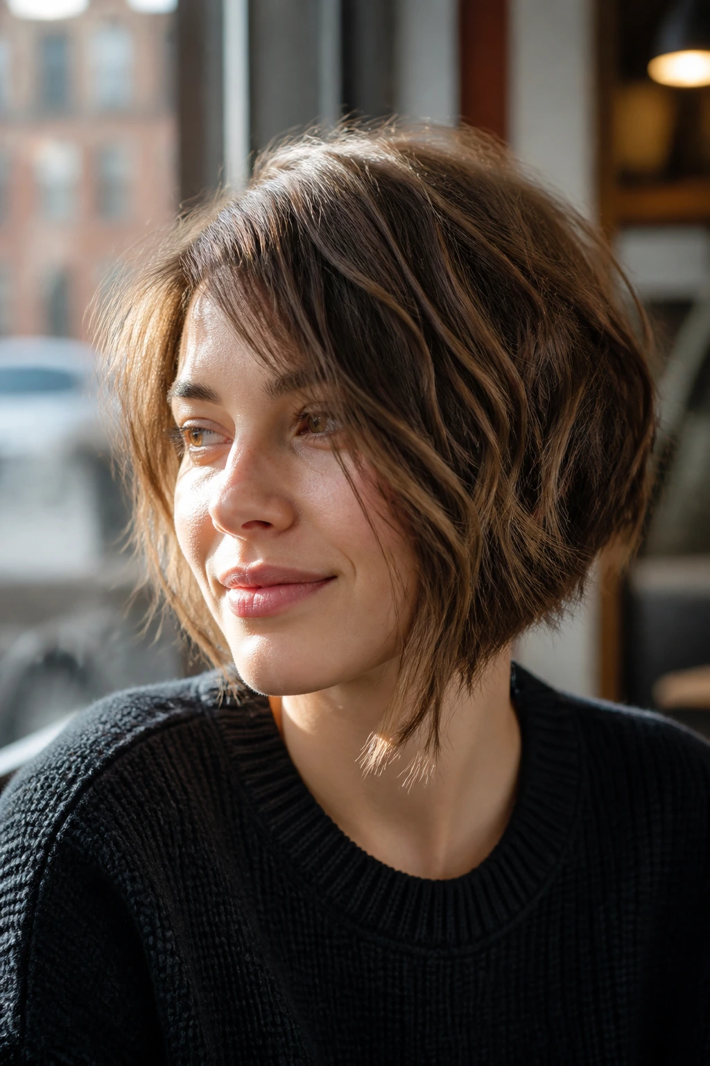 Close-up of a real woman with an asymmetrical messy bob