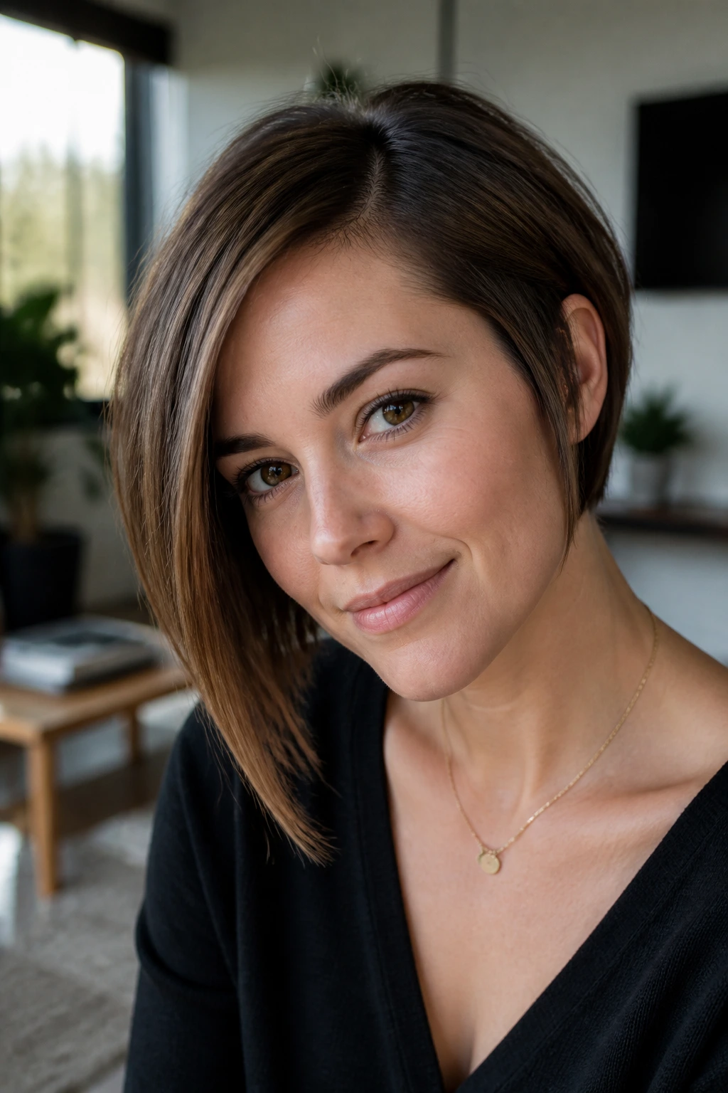 Close-up portrait of a real woman with subtle asymmetrical bob