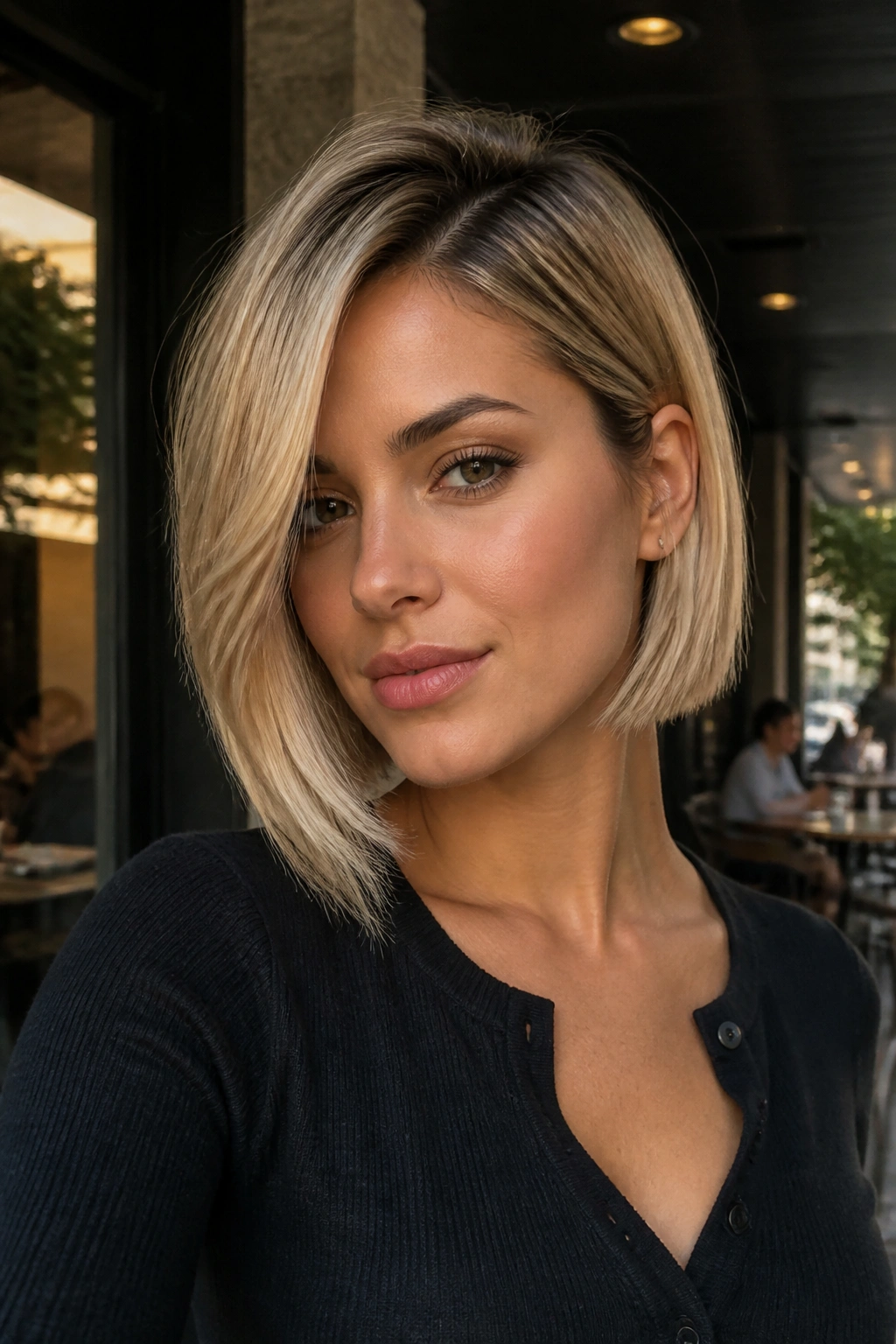 Real woman with asymmetrical bob off-center part in blonde
