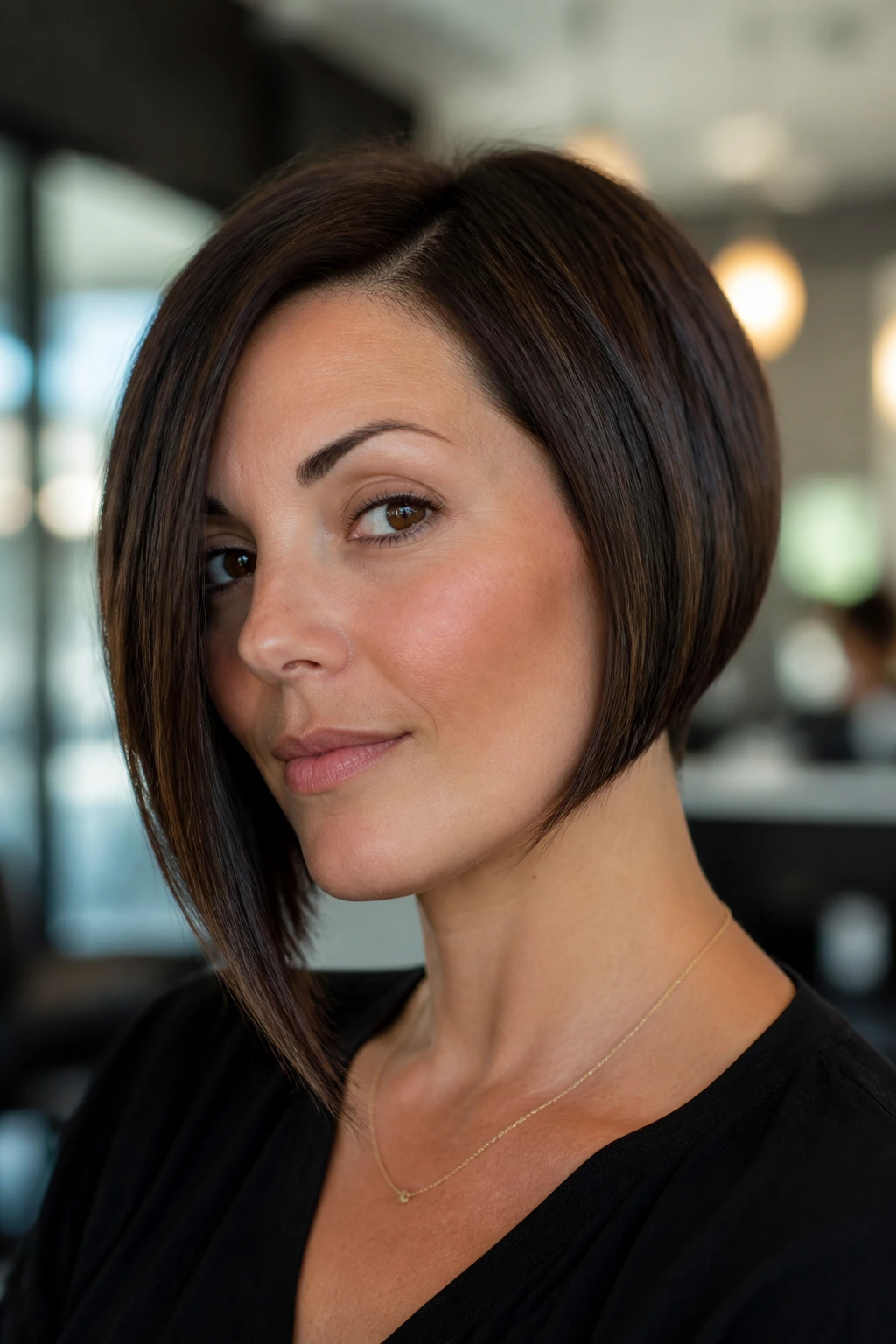 Close-up of real woman with asymmetrical bob featuring one longer side