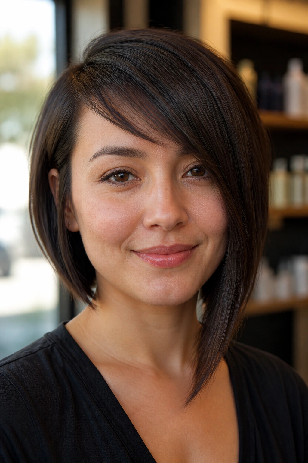 Close-up portrait of a real woman with an asymmetrical bob and one-side fringe in natural window light