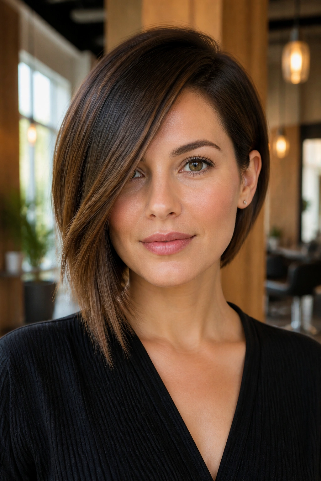 Close-up of a real woman with an asymmetrical bob and one-side sweep in a chic salon.