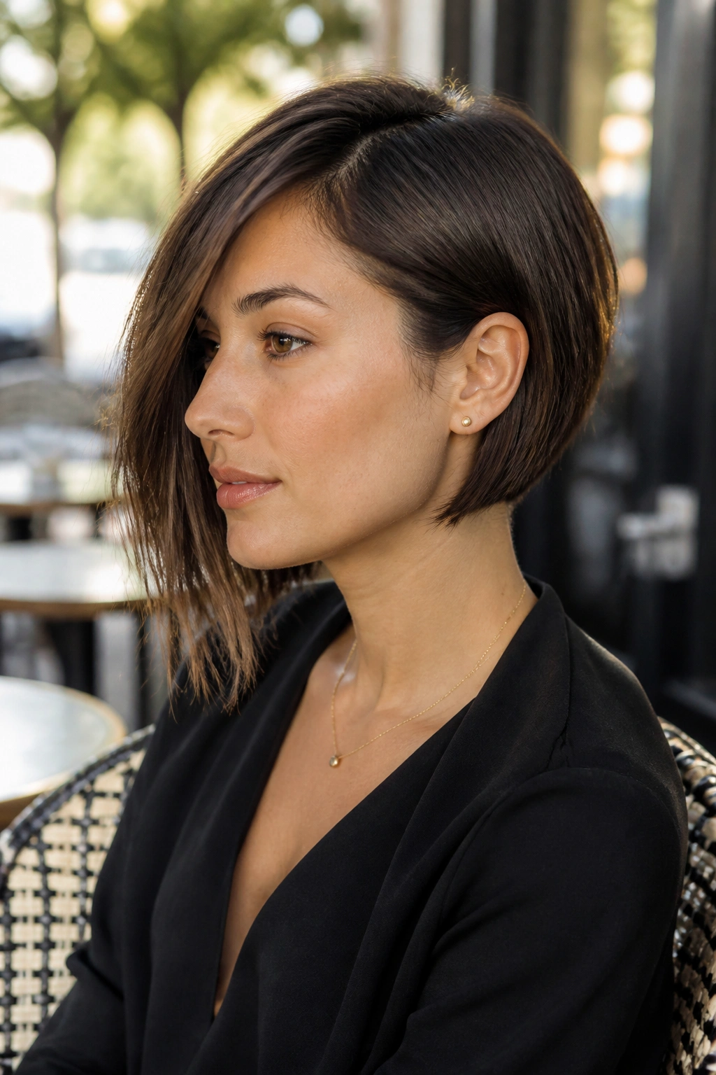 Real person wearing an asymmetrical bob with one-side tuck