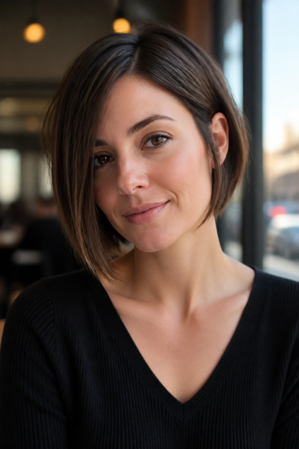 Close-up portrait of a woman with an asymmetrical bob in warm cafe light