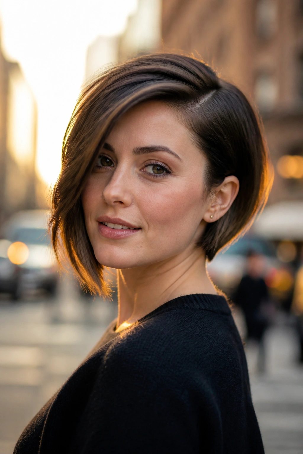 Close-up portrait of a woman with an asymmetrical bob and deep side part in golden-hour light