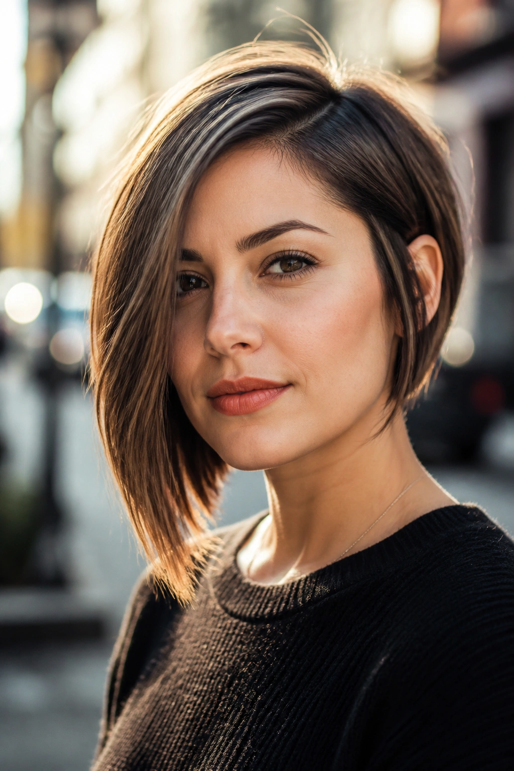 Close-up portrait of a real woman wearing an asymmetrical bob on an urban street