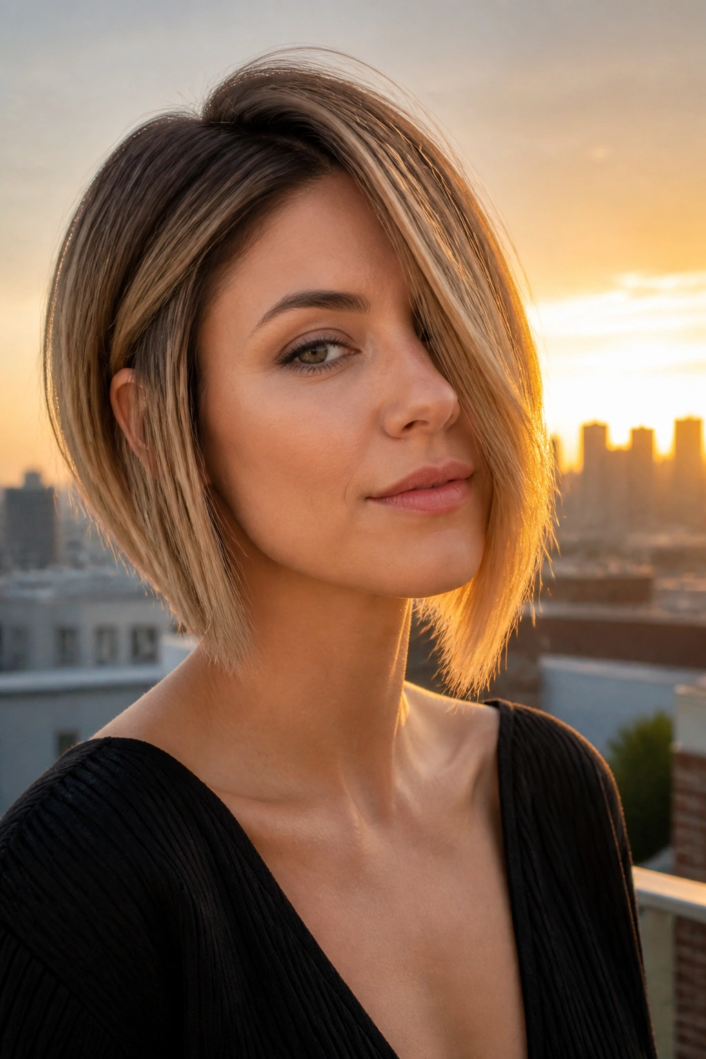 Portrait of a real woman with an asymmetrical bob on a rooftop at sunset