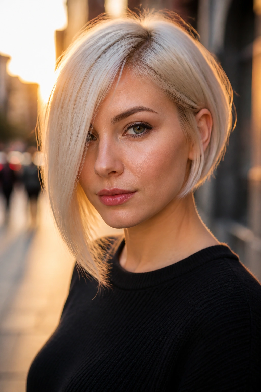 Close-up portrait of a real woman with an asymmetrical bob hairstyle