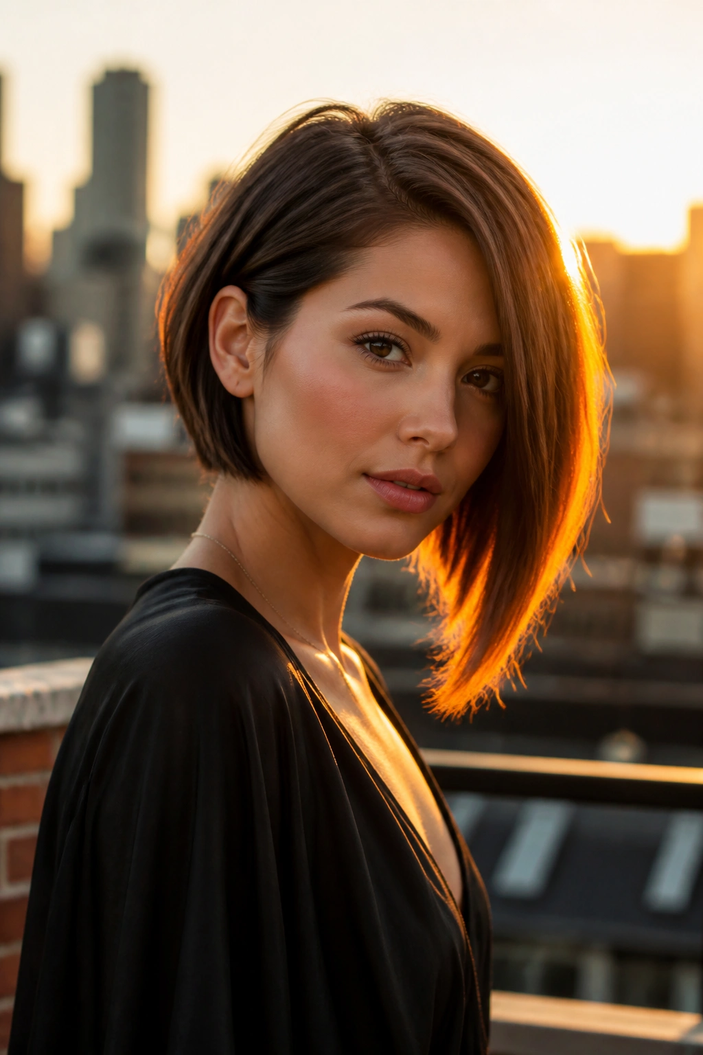 Real woman with an asymmetrical bob in golden hour light