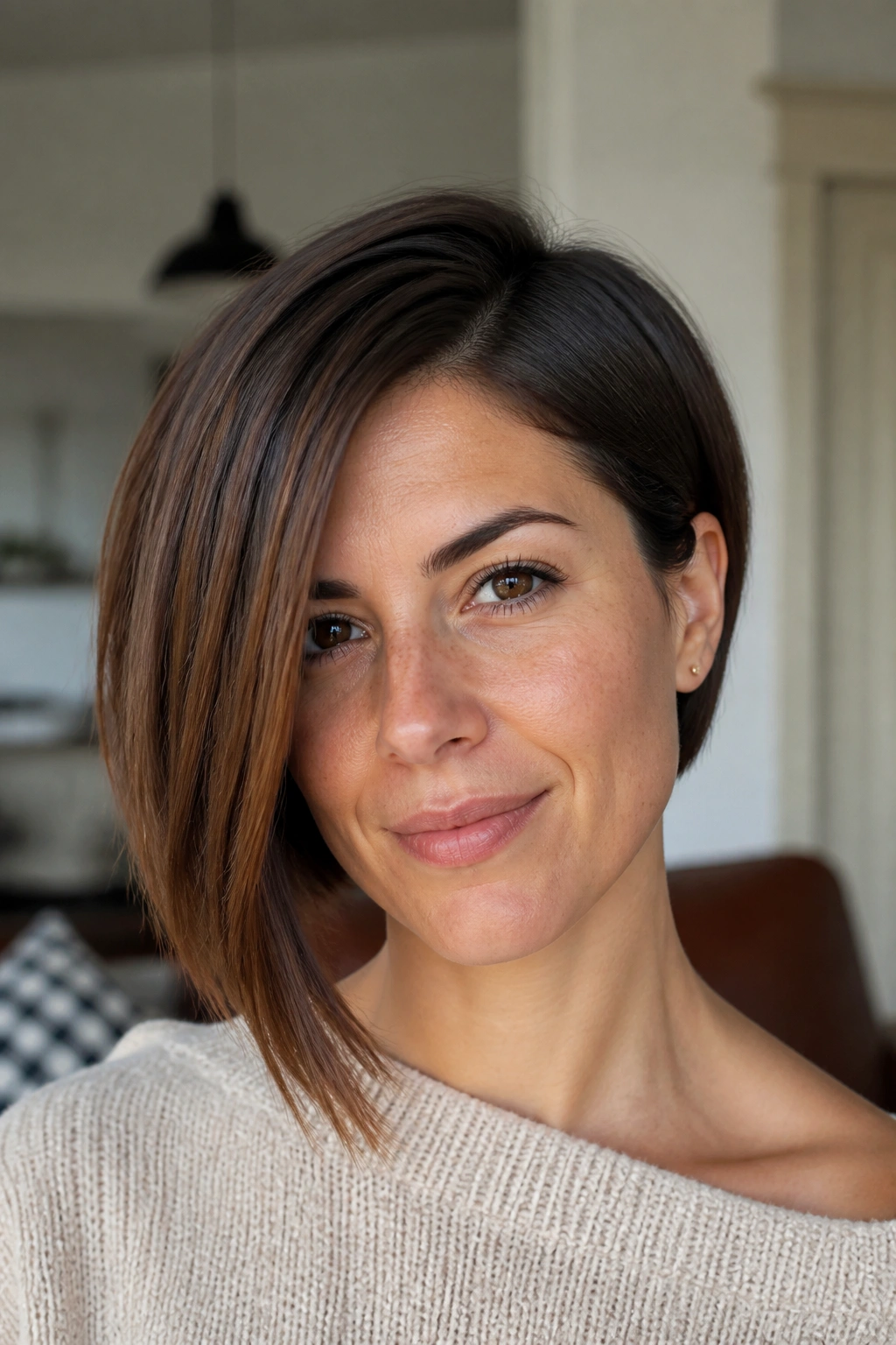 Close-up portrait of a real person with an asymmetrical bob.