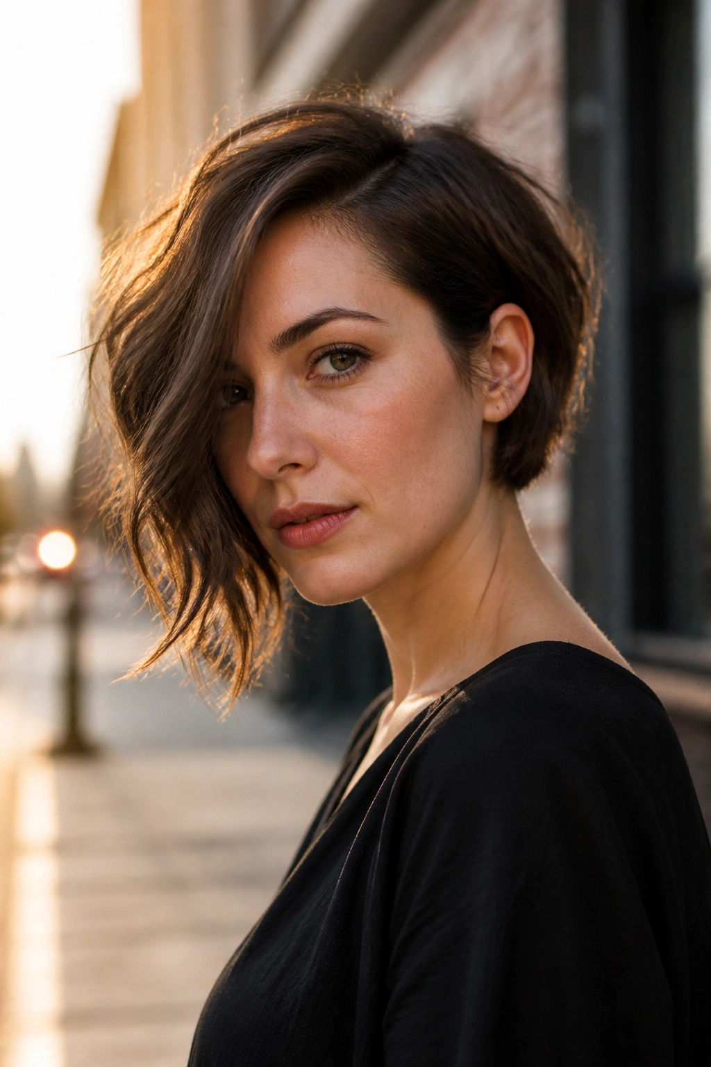 Portrait of a woman with an asymmetrical bob and diagonal longer side