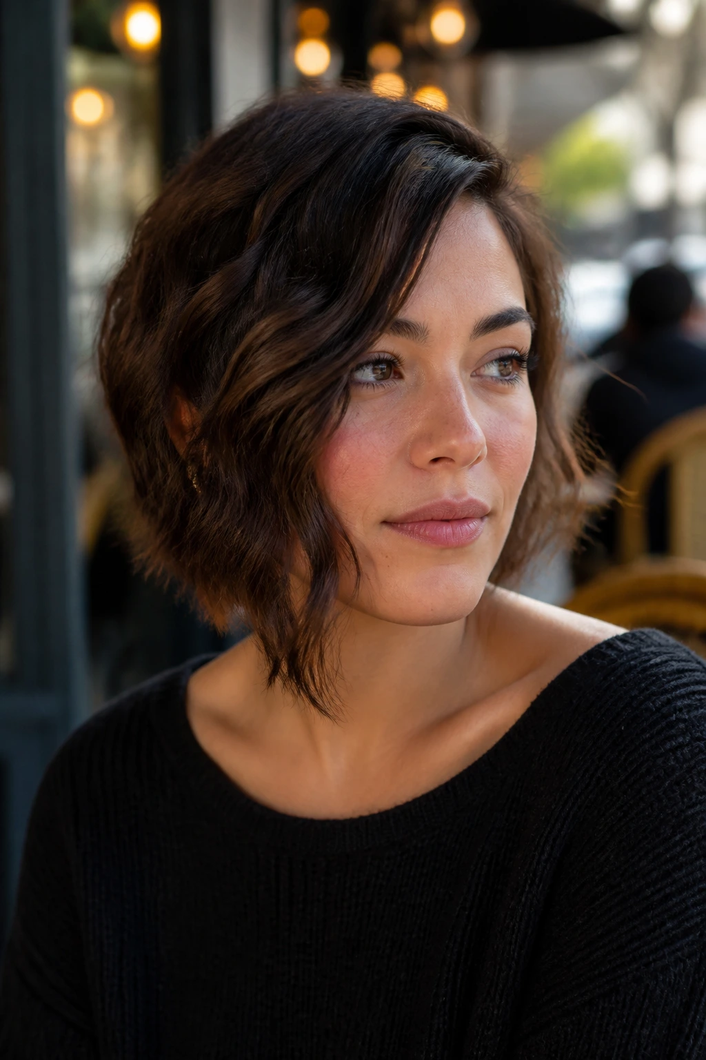 Portrait of a woman with an asymmetrical bob showing one side longer.