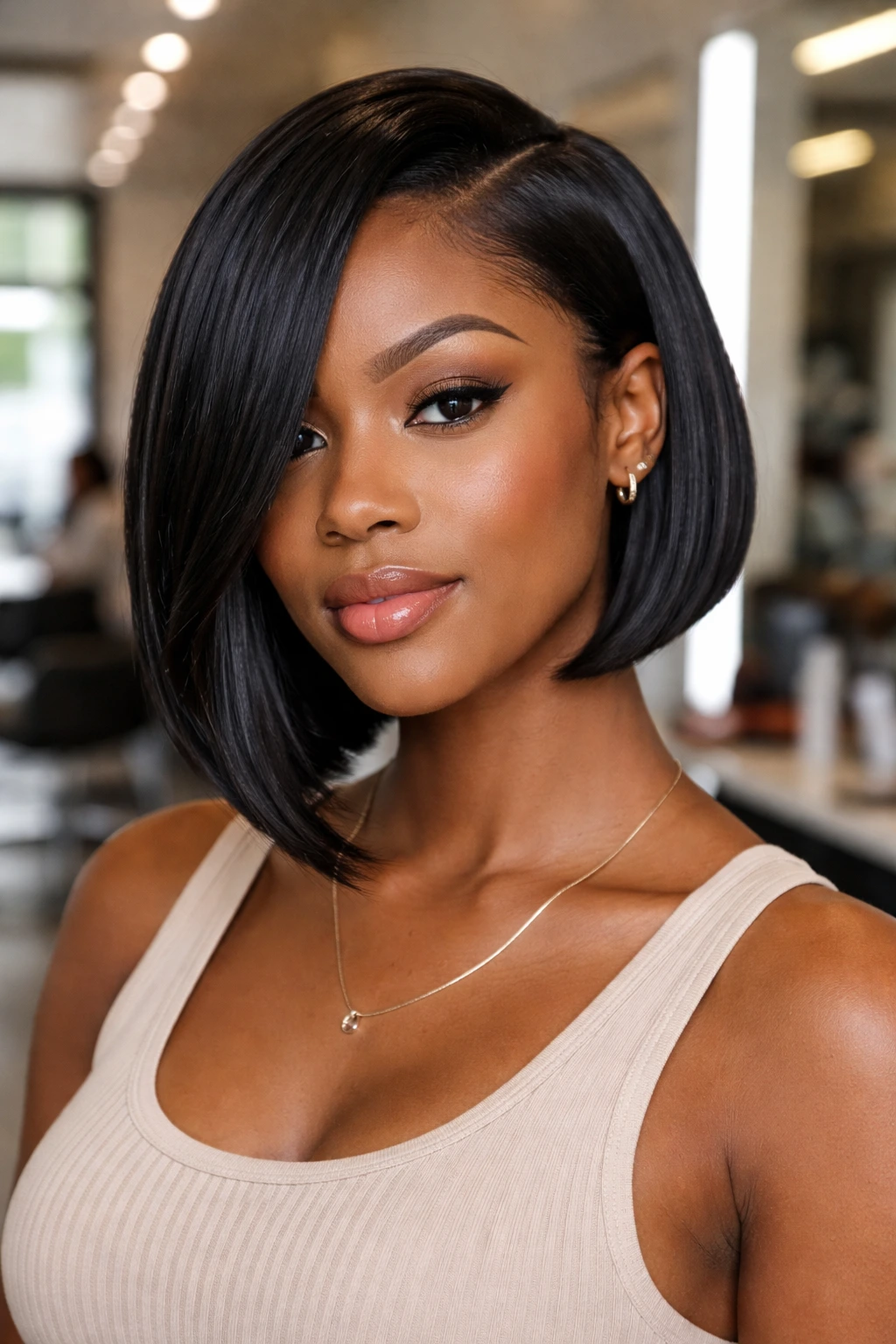 Real woman with an asymmetrical bob in a close-up.