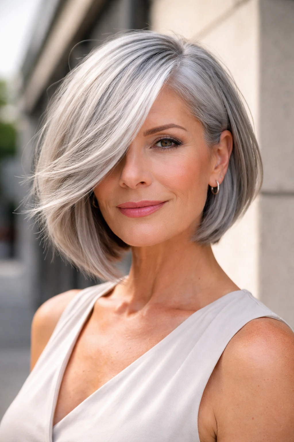 Portrait of a woman with side-swept asymmetrical bob; one side longer across her face.