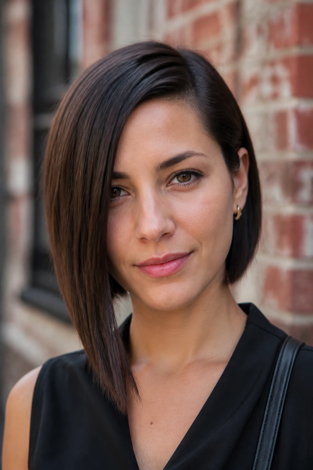 Close-up of a real woman with an asymmetrical bob showing a longer side and a diagonal silhouette.