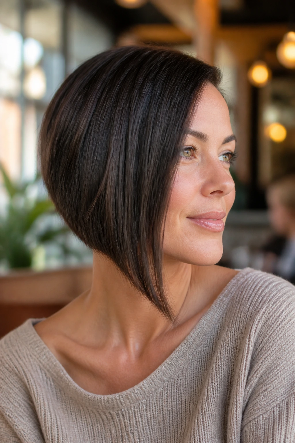 Portrait of a woman with an asymmetrical bob showing a longer side along the jawline