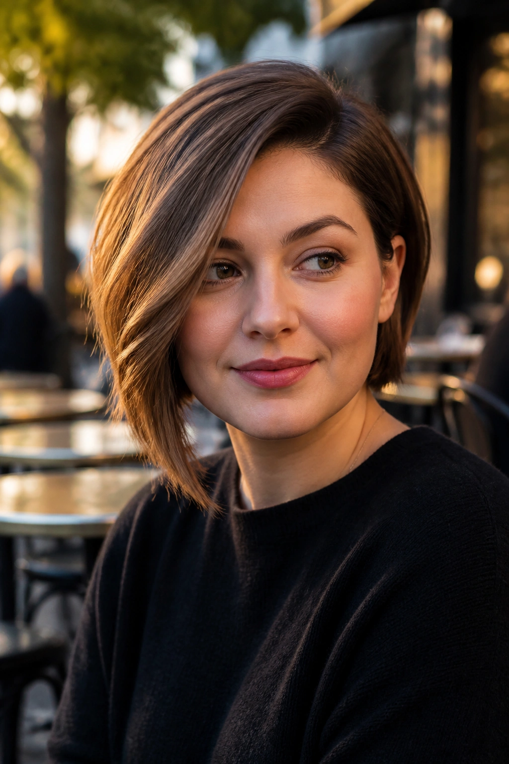 Real woman with asymmetrical bob showing longer side, portrait in cafe setting.