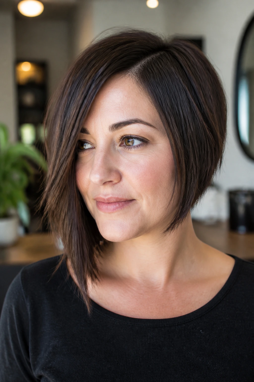 Close-up of a real woman with an asymmetrical bob and one longer side