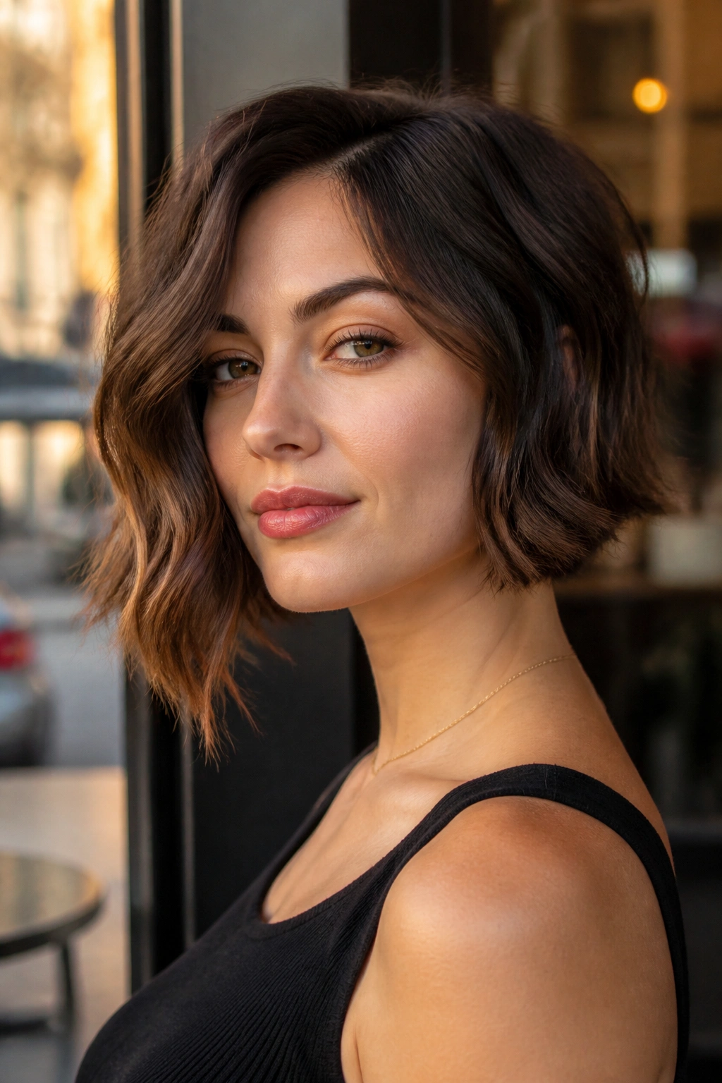 Portrait of a real woman with an asymmetrical bob and longer side outdoors in warm light