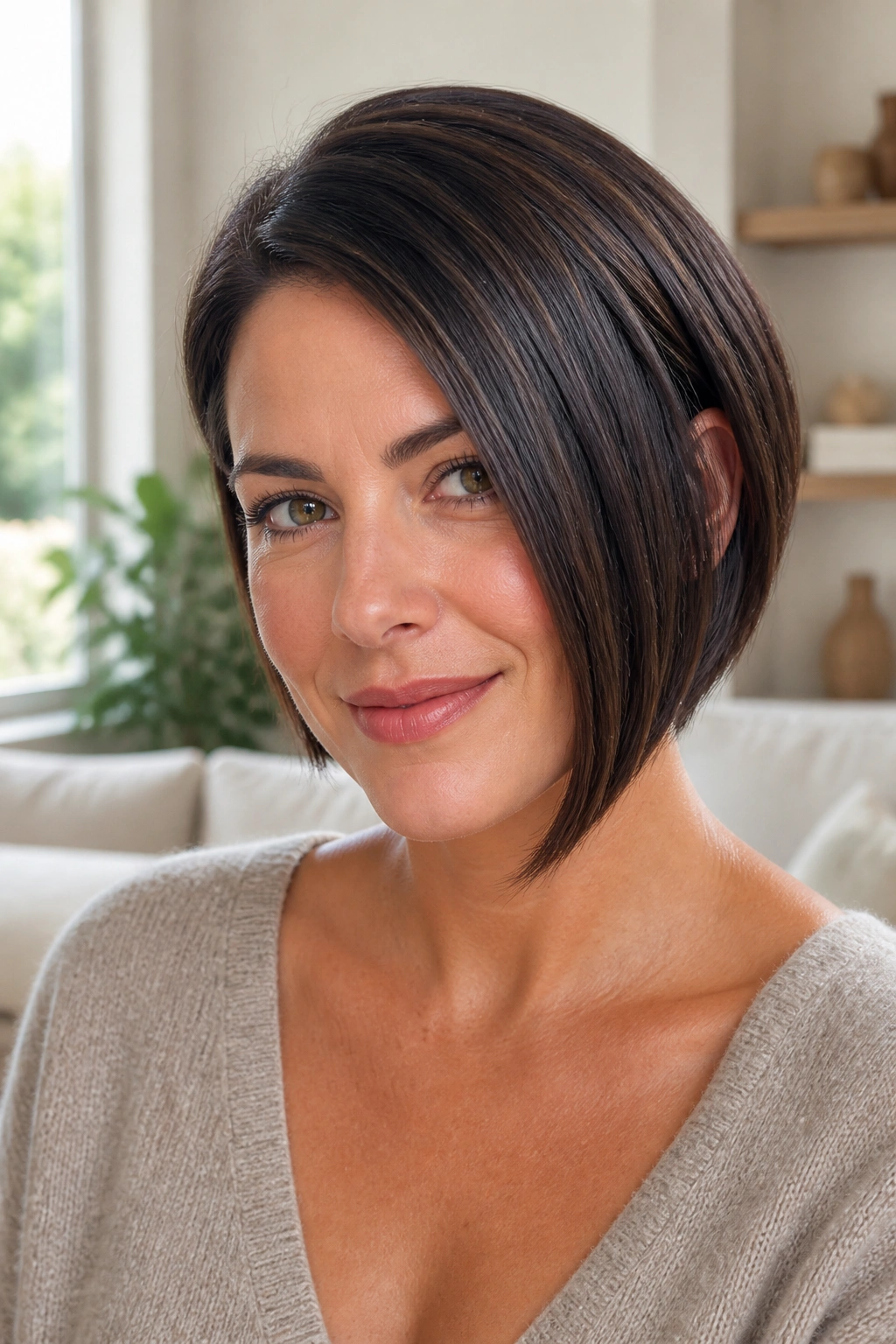 Portrait of a real person with an asymmetrical bob and a subtle difference in length.