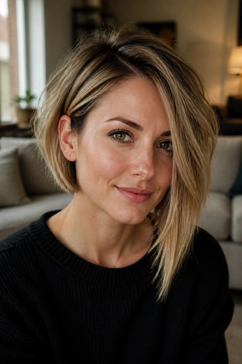 Close-up portrait of a real woman with an asymmetrical bob hairstyle