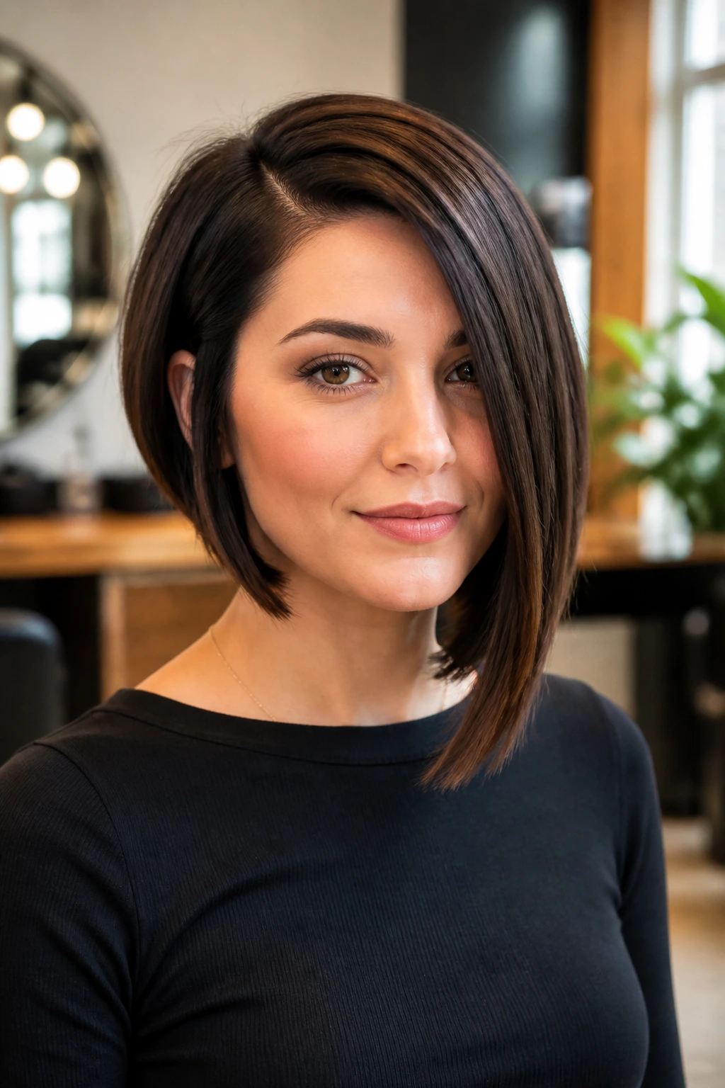 Close-up portrait of a real woman with an asymmetrical bob hairstyle, one side longer, in a warm salon setting