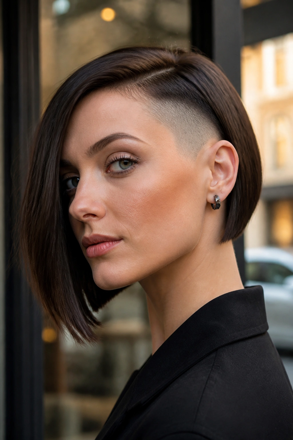 Close-up portrait of a person with an asymmetrical bob and shaved panel against an urban storefront backdrop.