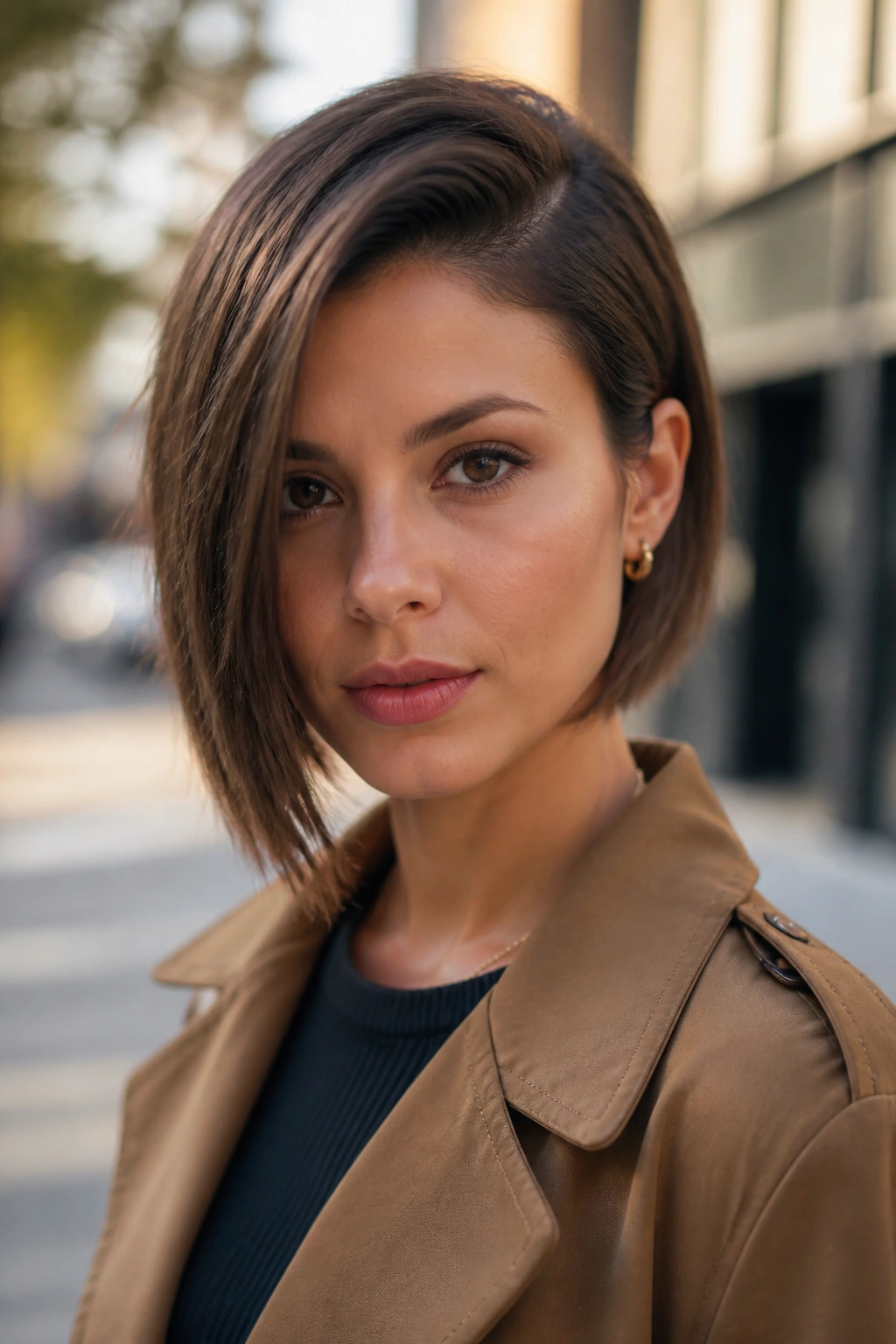 Real woman with deep side-parted asymmetrical bob on city street.
